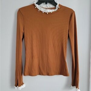 Lace Trim Pearls Beaded Ribbed Knit Tee